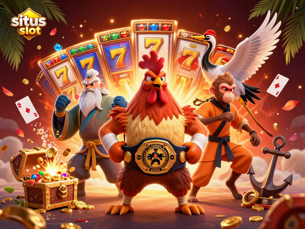 situs slot engaging illustration with a Muay Thai rooster, Shaolin monkey, and crane amidst casino elements