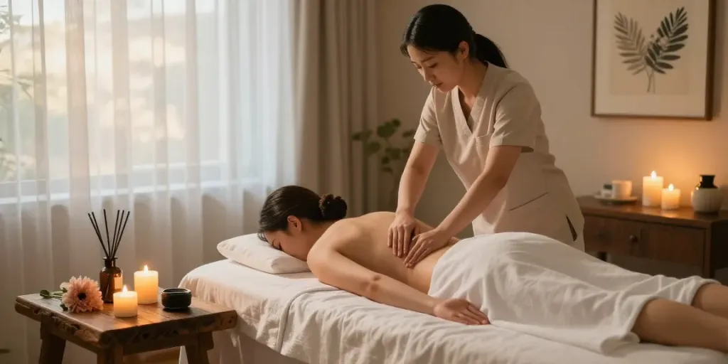 Serene spa scene illustrating professional 미사출장마사지 with soothing massage therapy, tranquil environment, and aromatic atmosphere.