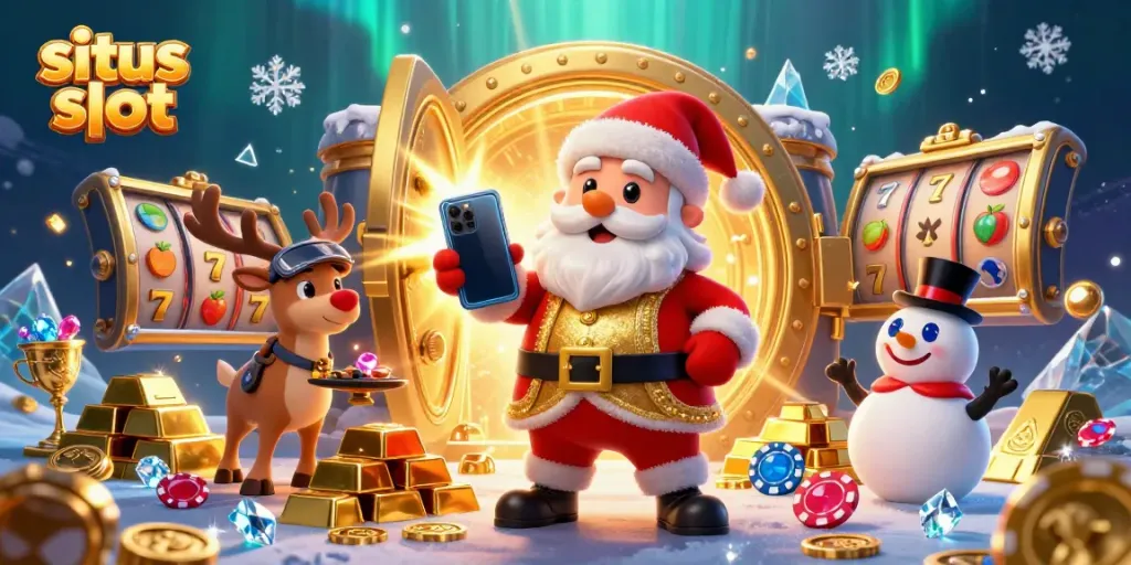 Engage in situs slot action with Santa and friends in a vibrant casino scene full of jackpot excitement.