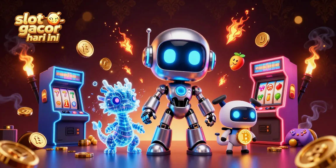 Engage with slot gacor hari ini through a vibrant 3D casino scene featuring a cyberpunk robot and gaming elements.