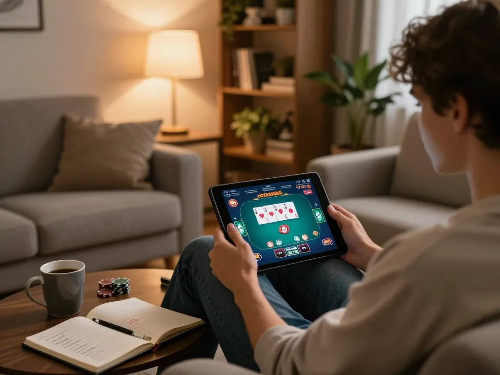 Player engaging with cm88 poker game on tablet in a cozy home setting, infused with a strategic gaming atmosphere.