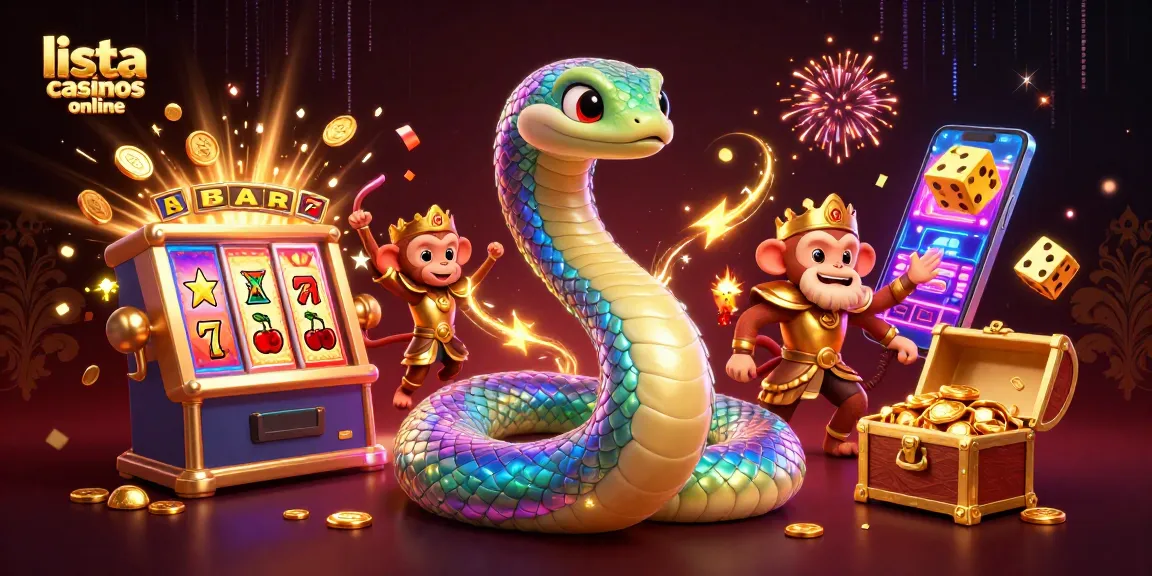 Explora la lista de casinos online en una escena llena de acción y diversión con coloridos elementos de juego.