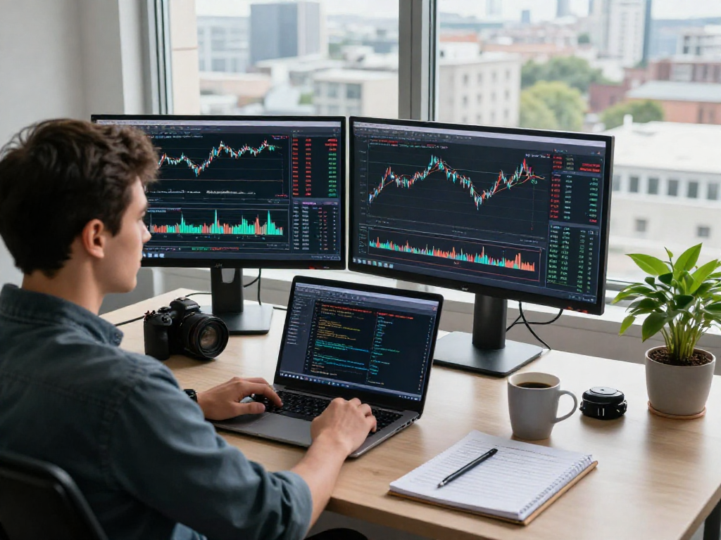 Trader utilizing metatrader 5 for multi-asset financial analysis in a modern workspace.