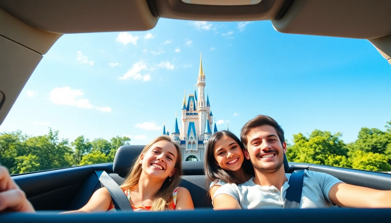 Family enjoying a Beauvais Airport to Disney Transfer journey towards a Disney castle.