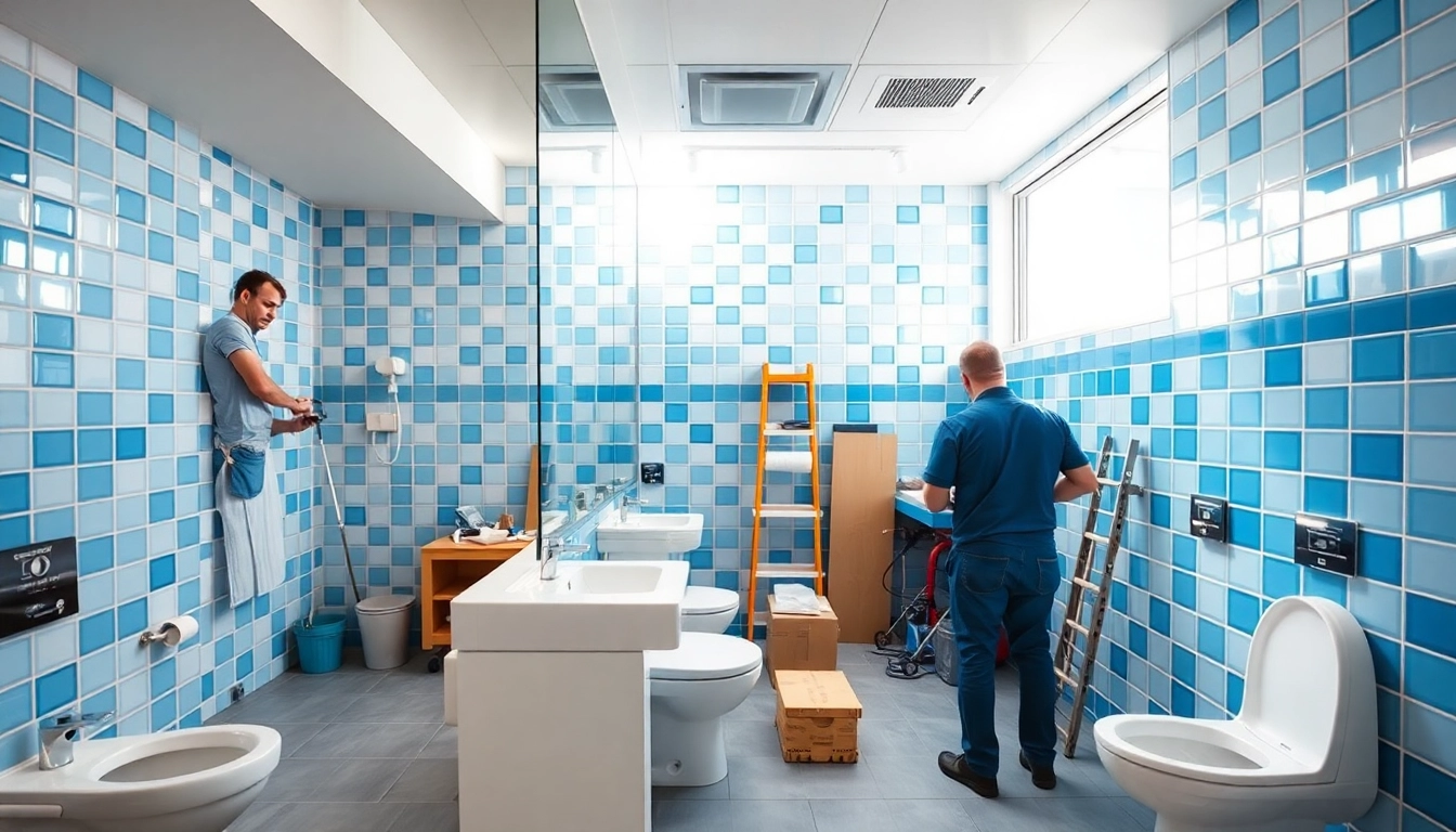 Showcasing a professional commercial toilet refurbishment with modern fixtures and a clean workspace.