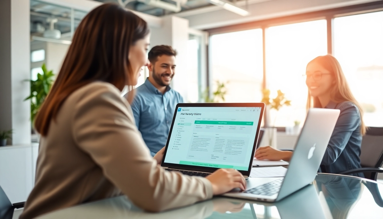 Warranty company for customers and repair providers assisting clients with claims in a modern office.