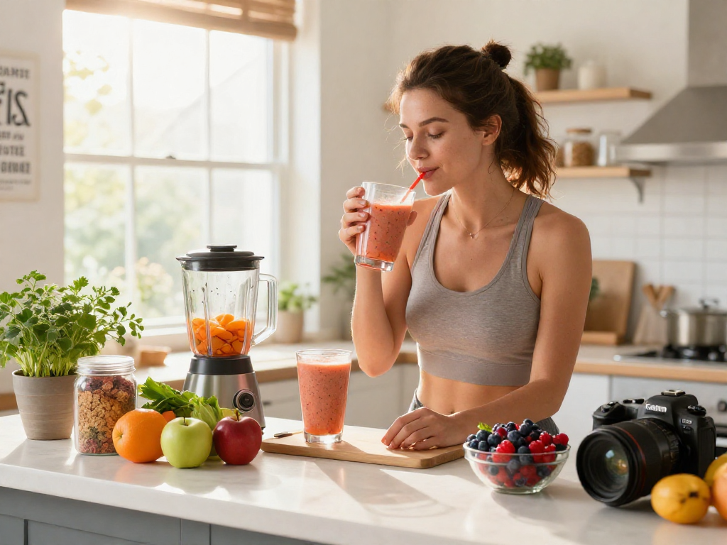 Healthy lifestyle scene showcasing astaxanthin Canada in a smoothie preparation with fresh ingredients.