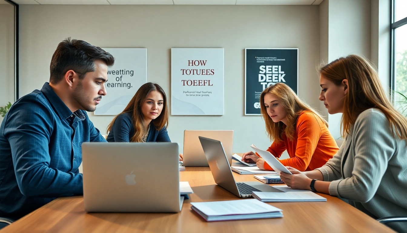 Engaged TOEFL test takers for hire collaborating in a bright study environment.