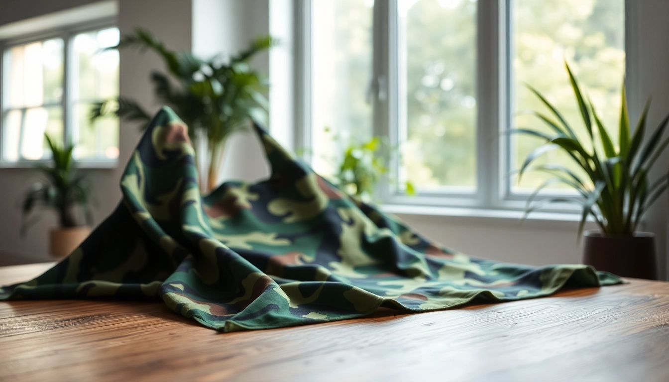 Bekijk de kwaliteit van army print katoen met een gedetailleerd close-up van de stof.