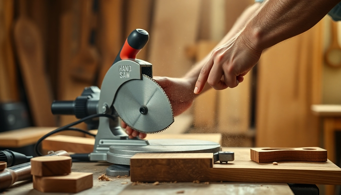 A craftsman skillfully uses a hand mitre saw to make precise cuts on wooden planks, showcasing the tool's craftsmanship.