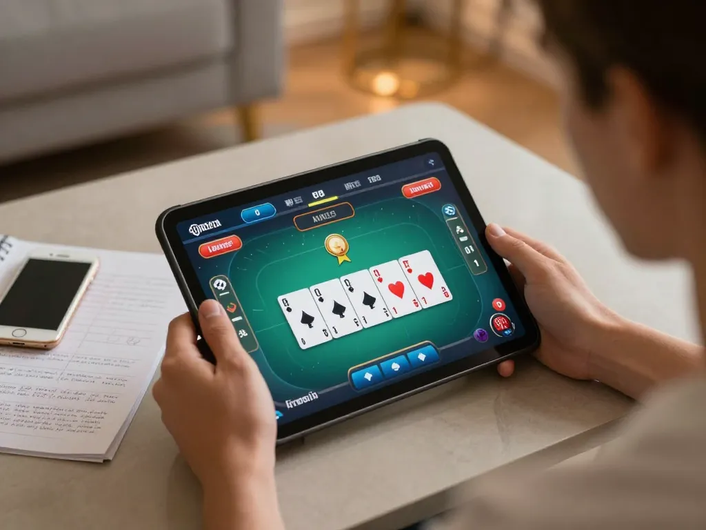 Player engaged in online gambling with xfzc168 app on tablet, showcasing strategic poker gameplay