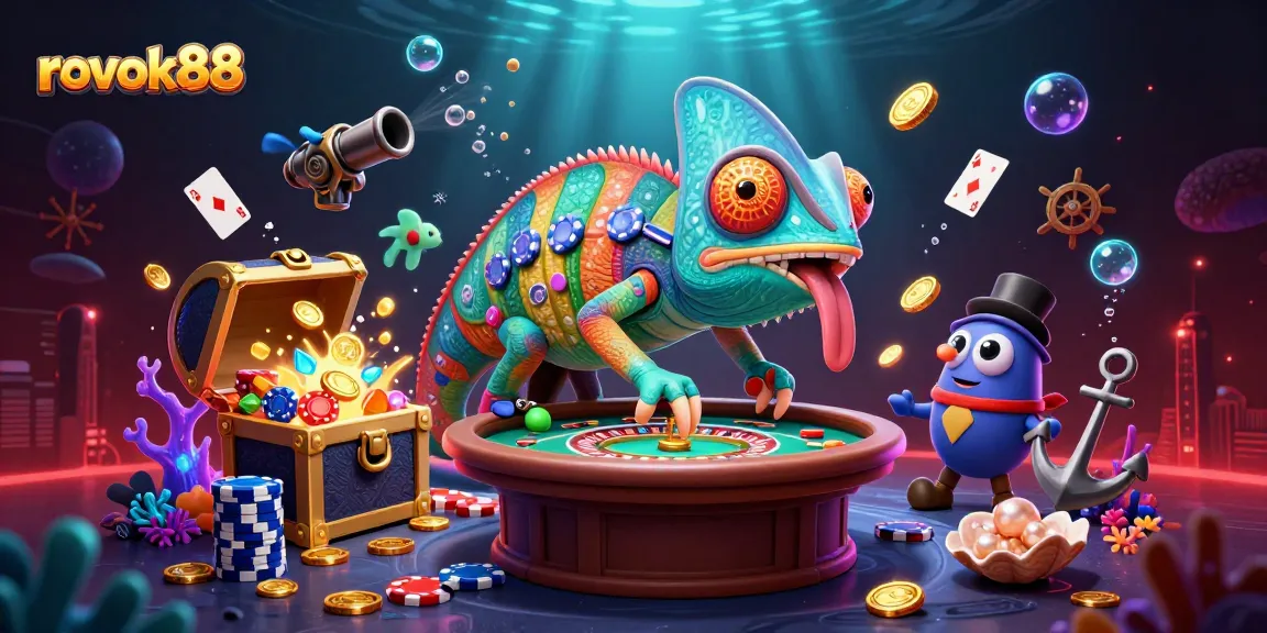 Experience the thrill with rokok88 as the chameleon casino owner charms players in a vibrant 3D casino scene.
