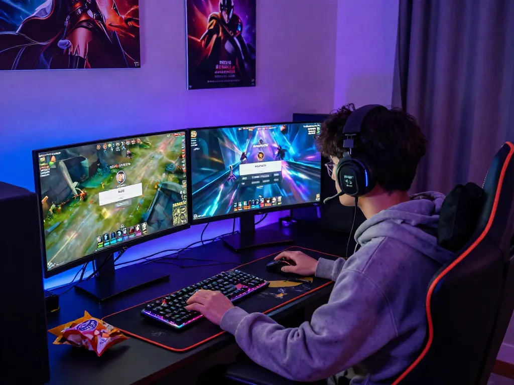 Intense ROKOK88 login session at a dual-monitor gaming setup with vibrant game graphics and relaxed gaming atmosphere.