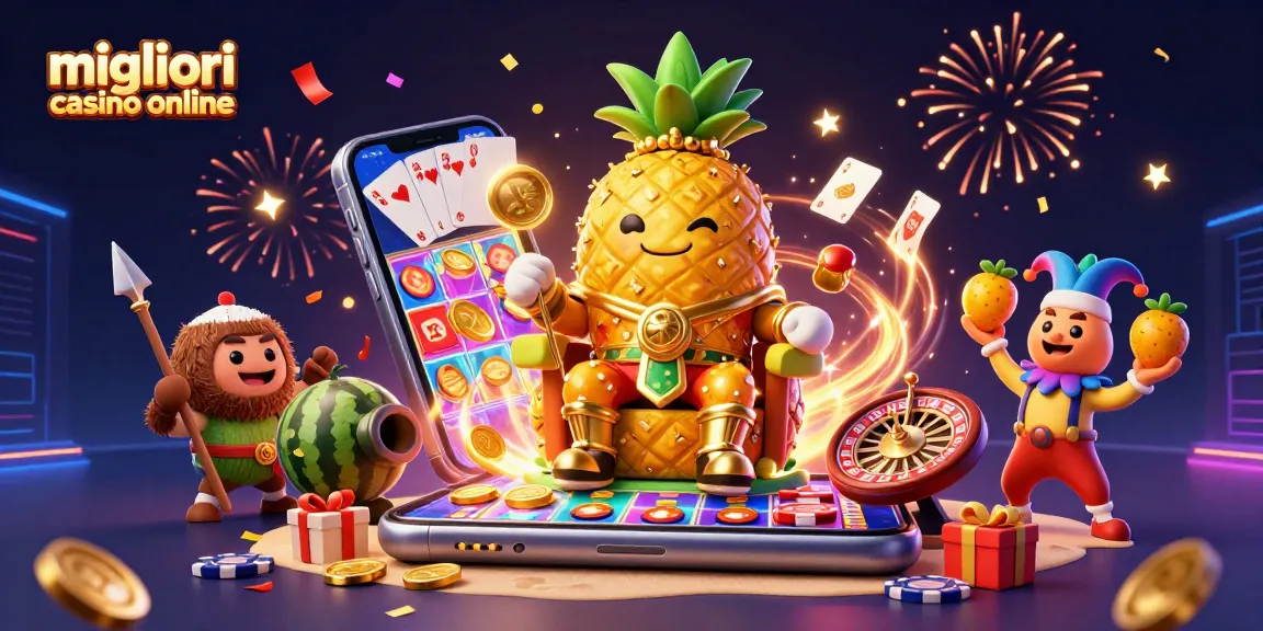 Giochi emozionanti nei migliori casino online con il re ananas e personaggi vivaci in un'illustrazione festiva.