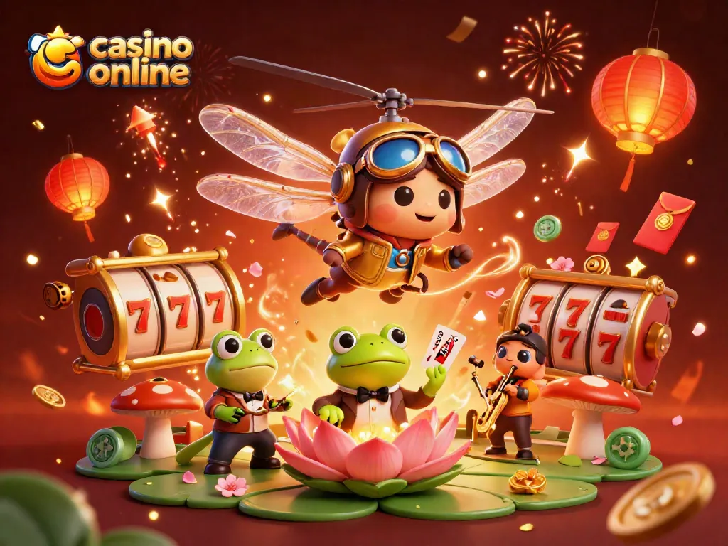 Una escena festiva de casino online con un piloto de libélula, un crupier rana y músicos de jazz.