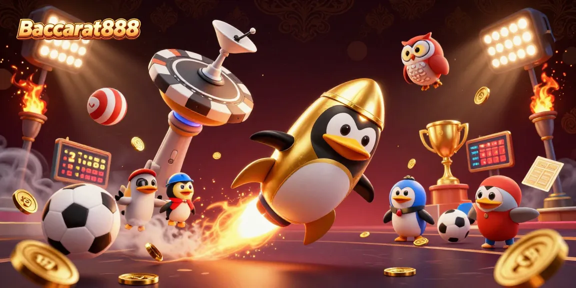 Baccarat888 gaming experience with golden penguin and exciting casino visuals.