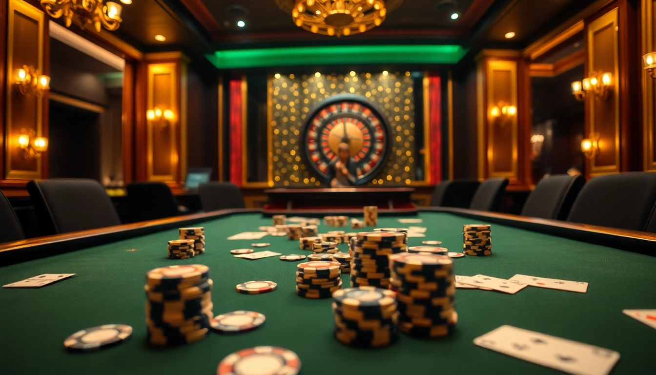 NK88 players engaged at an elegant casino table with cards and chips.
