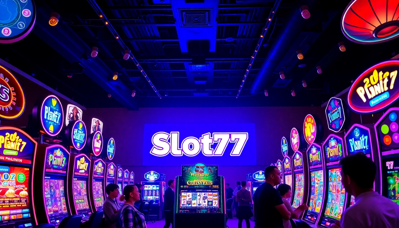 Slot77 logo prominently displayed in an energetic casino atmosphere with colorful machines.