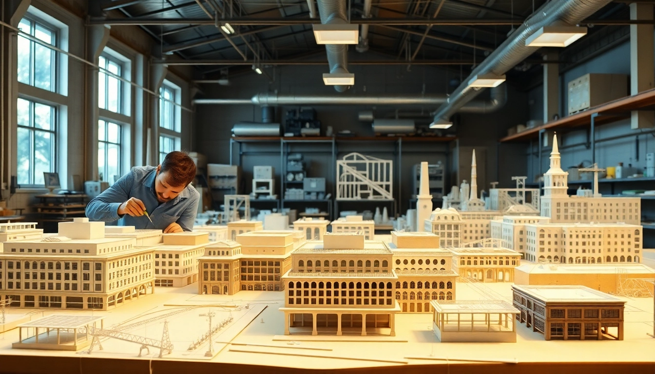 Architekturmodellbau Gelsenkirchen: Künstlerische Handwerker arbeiten an detaillierten Modellen.