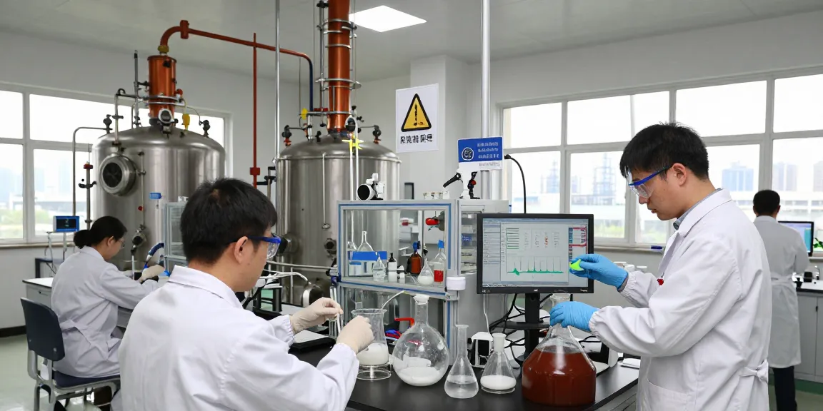 Acetone supplier Europe laboratory scene with technicians conducting experiments in a chemical manufacturing facility.