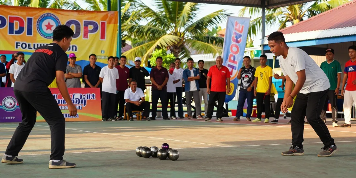 Pemain dari fopikotabalikpap.org berpartisipasi dalam turnamen petanque di Balikpapan, suasana meriah dan penuh semangat.