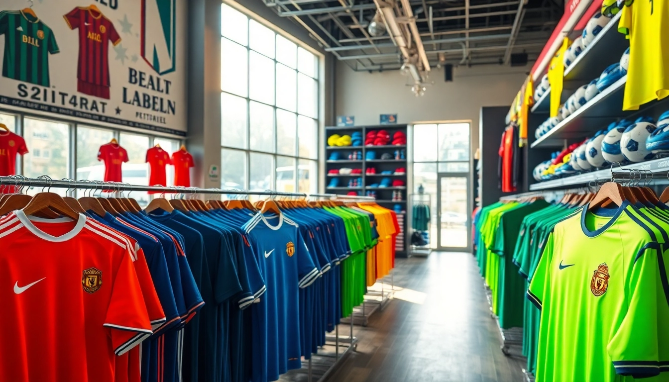 Showcasing a vibrant soccer team kit collection in a bustling sports store environment.