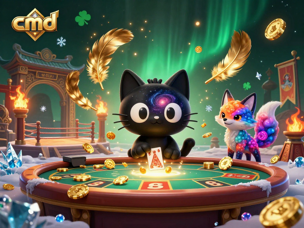cmd shows a 3D cosmic casino scene with enchanted characters and dynamic game elements.