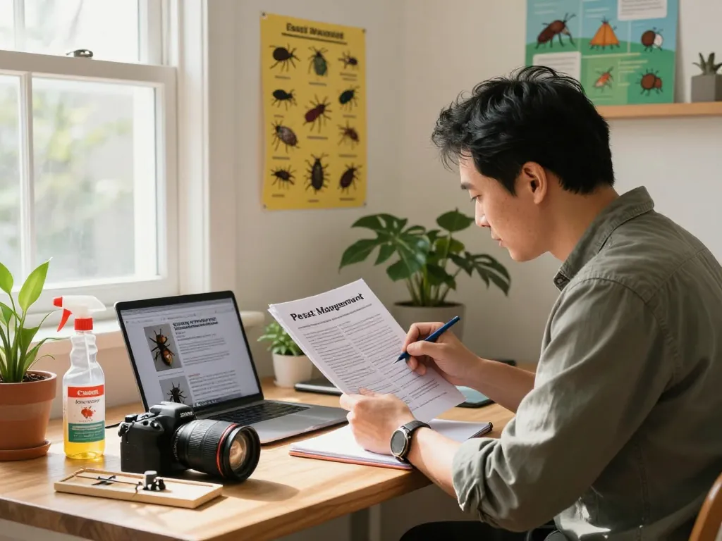 Pest prevention expert reviewing strategies in a bright home office, surrounded by pest control tools and charts.