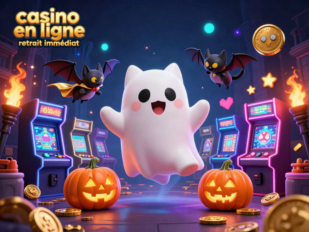 Jouez au casino en ligne retrait immédiat avec un chat fantôme et des éléments de jeu colorés.