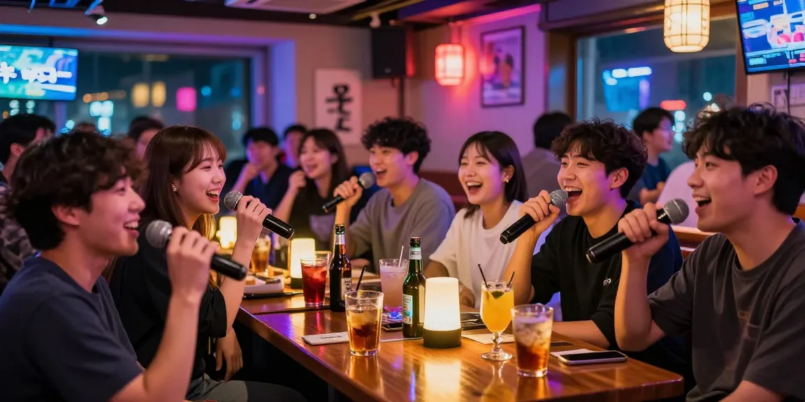 Dynamic 제주도유흥 nightlife scene with friends enjoying karaoke and colorful drinks in vibrant bar atmosphere.