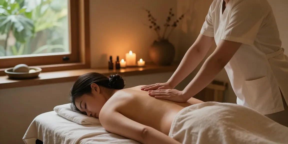 Serene Swedish massage therapy scene at makangs.com/region/국내/서울-/마사지-스웨디시 with therapist, calming decor, and soft lighting.