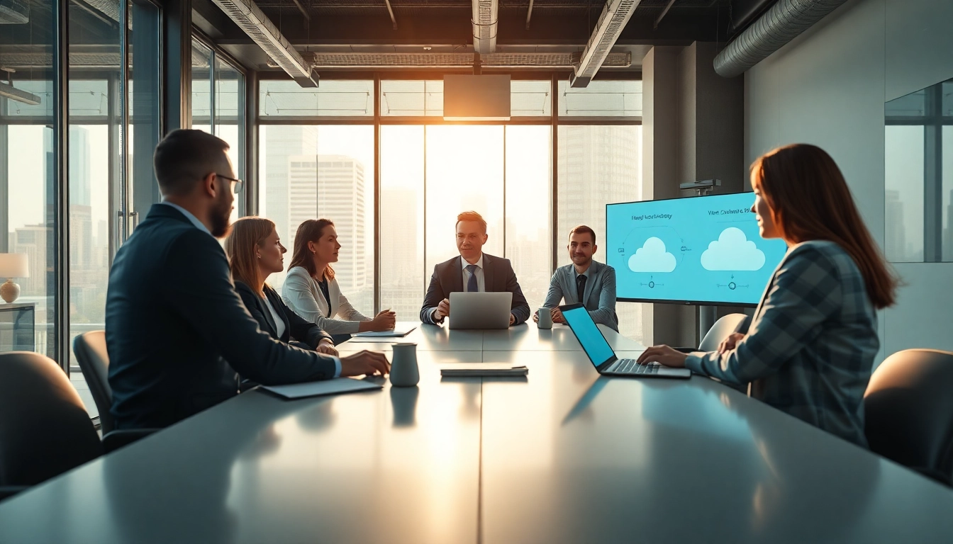 Collaborative discussion on CloudWalk at a business meeting with digital tools.