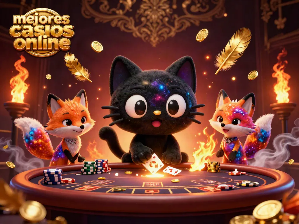 Interacción en los mejores casinos online, gato negro cósmico atrayendo fichas y cartas.
