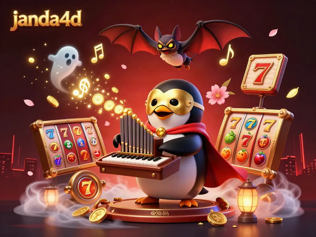 Memanfaatkan janda4d, simbol keberuntungan dan jackpot berlatar belakang kasino yang dinamis.