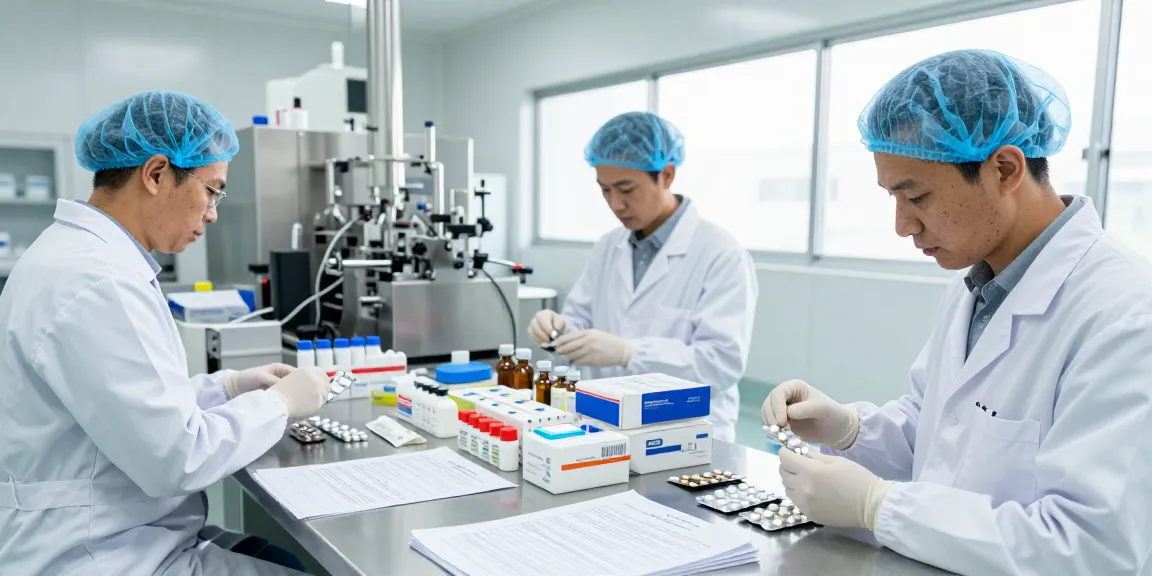 Pharmaceutical contractor South Africa inspecting blister packs and packaging materials in a modern facility.