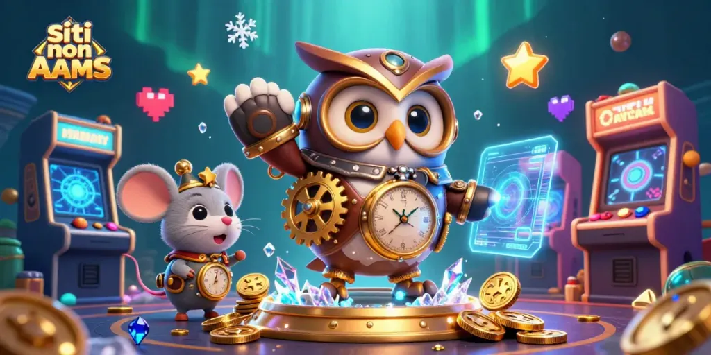 Scopri il fascino dei siti non AAMS con un gufo viaggiatore e un topo in un casinò futuristico.