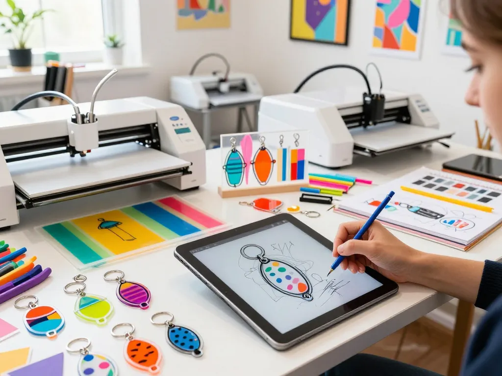 Creative workspace of an acrylic keychain maker designing colorful custom keychains with natural light.