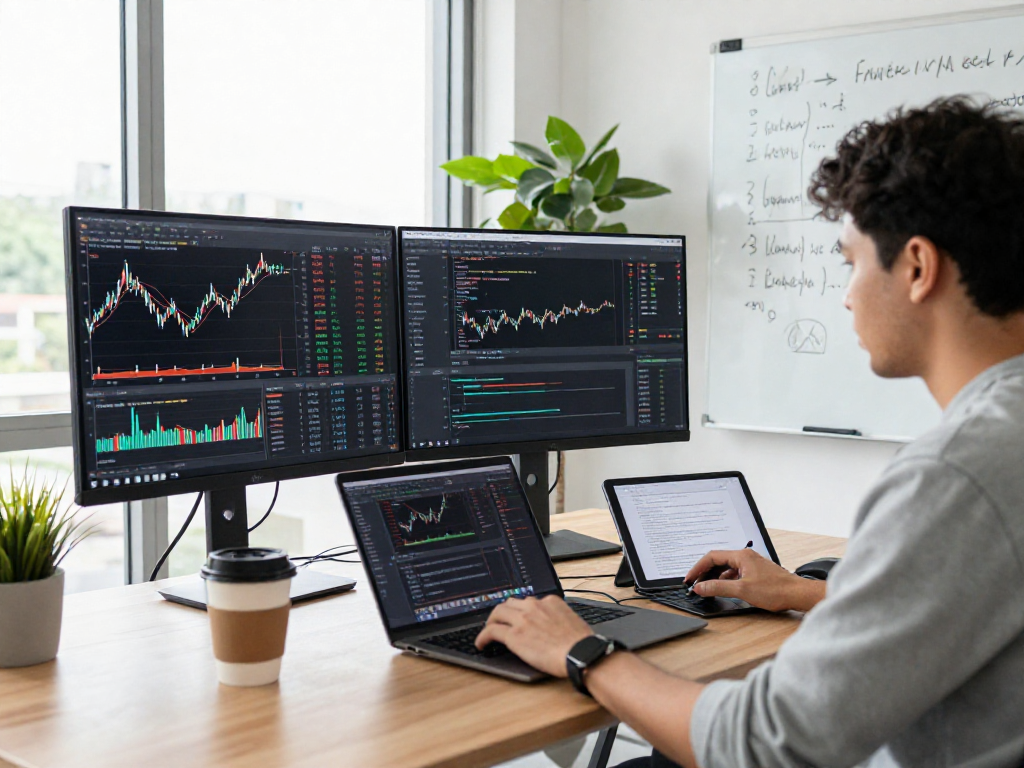 Real-time analysis using Singapore quant stock API on dual monitors in a fintech workspace.
