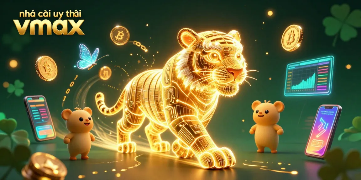 Engage in gaming excitement with nhà cái uy tín Vmax, featuring a vibrant neon tiger and crypto elements.