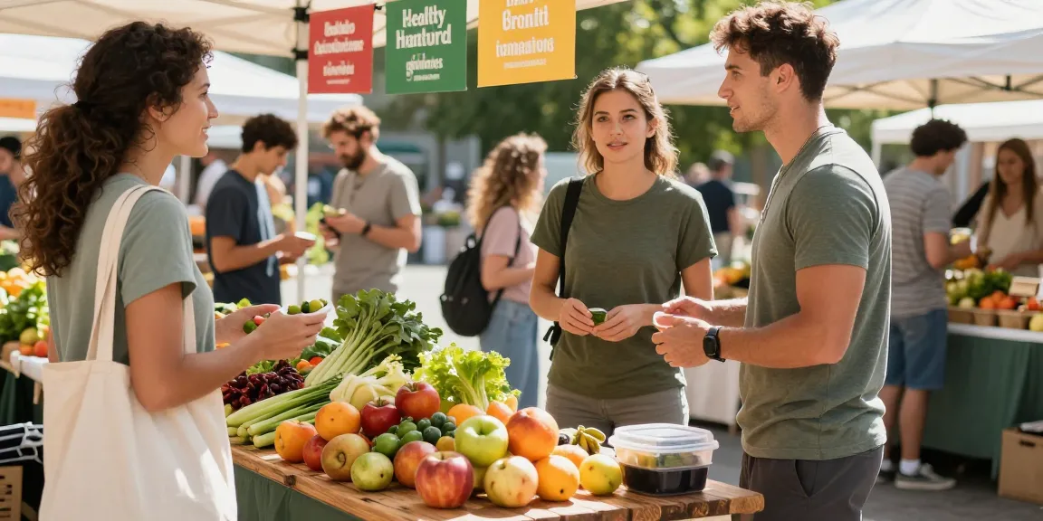 The best weight loss app experience at a vibrant farmer's market, showcasing healthy food choices and community engagement.