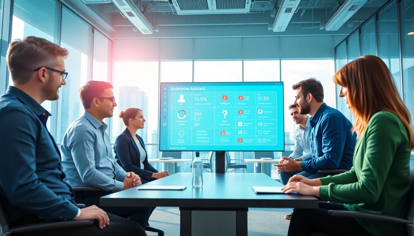 Visual representation of the enterprise assistant platform featuring teamwork and advanced technology in an office setting.