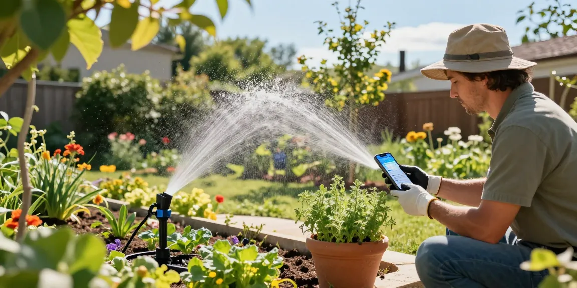 Gardener monitoring smart sprinkler system in vibrant backyard garden with lush plants and sunlight.