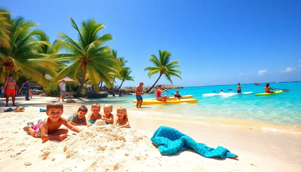 Families enjoying Cabo adventure tours with water sports on a sunny beach.