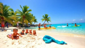 Families enjoying Cabo adventure tours with water sports on a sunny beach.