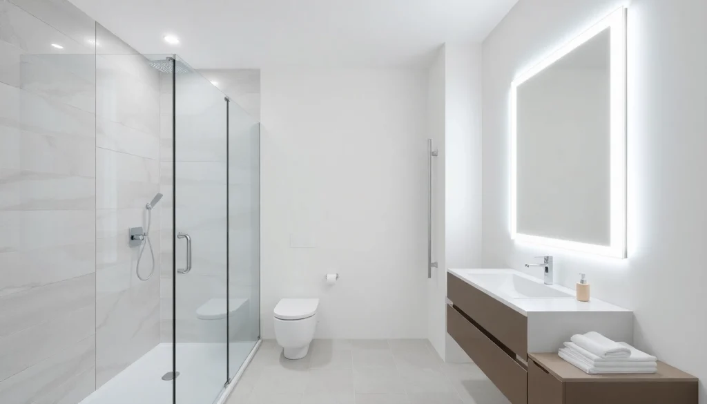 Découvrez sirhona France avec une cabine de douche moderne, un miroir LED et du mobilier élégant.