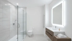 Découvrez sirhona France avec une cabine de douche moderne, un miroir LED et du mobilier élégant.