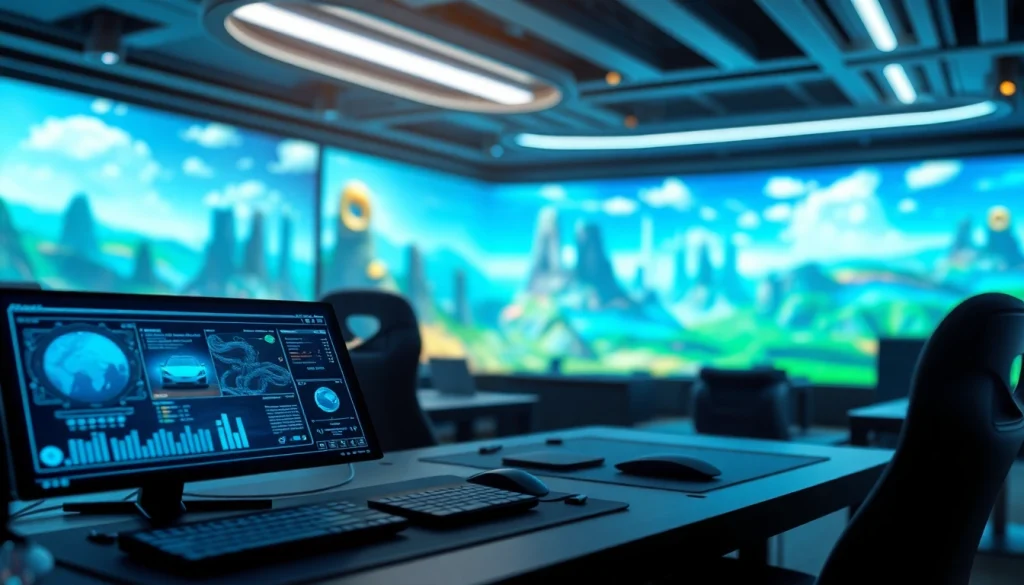 Engage with the Freedom X interface in a professional, high-tech workspace showcasing vibrant virtual worlds.