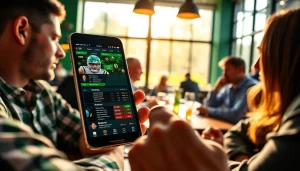 Engaging scene of sports betting apps India highlighted on smartphone screen in a lively setting.