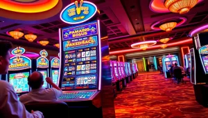 Menampilkan mesin pakde4d slot dengan grafik menarik di lingkungan kasino yang energik.