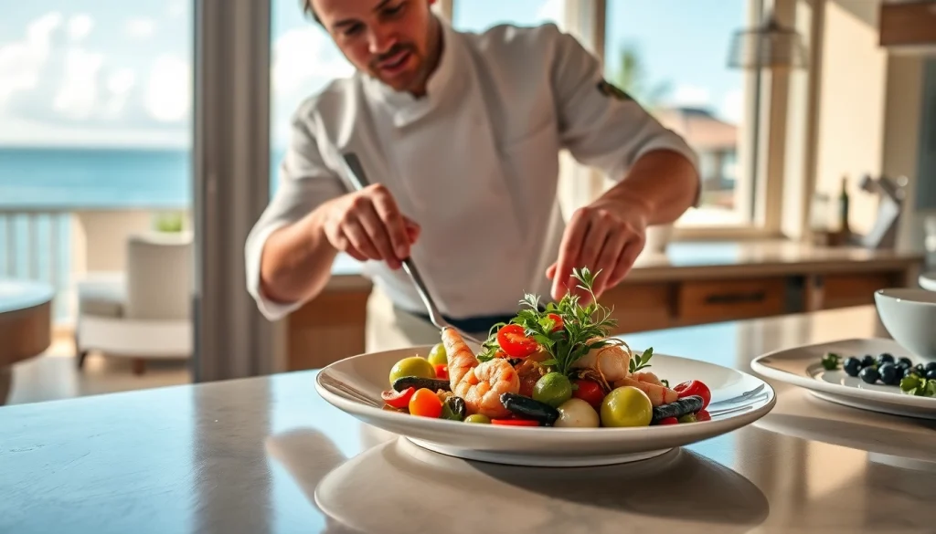 Sint Maarten private chef elegantly plating a Caribbean seafood dish in a luxurious villa kitchen.